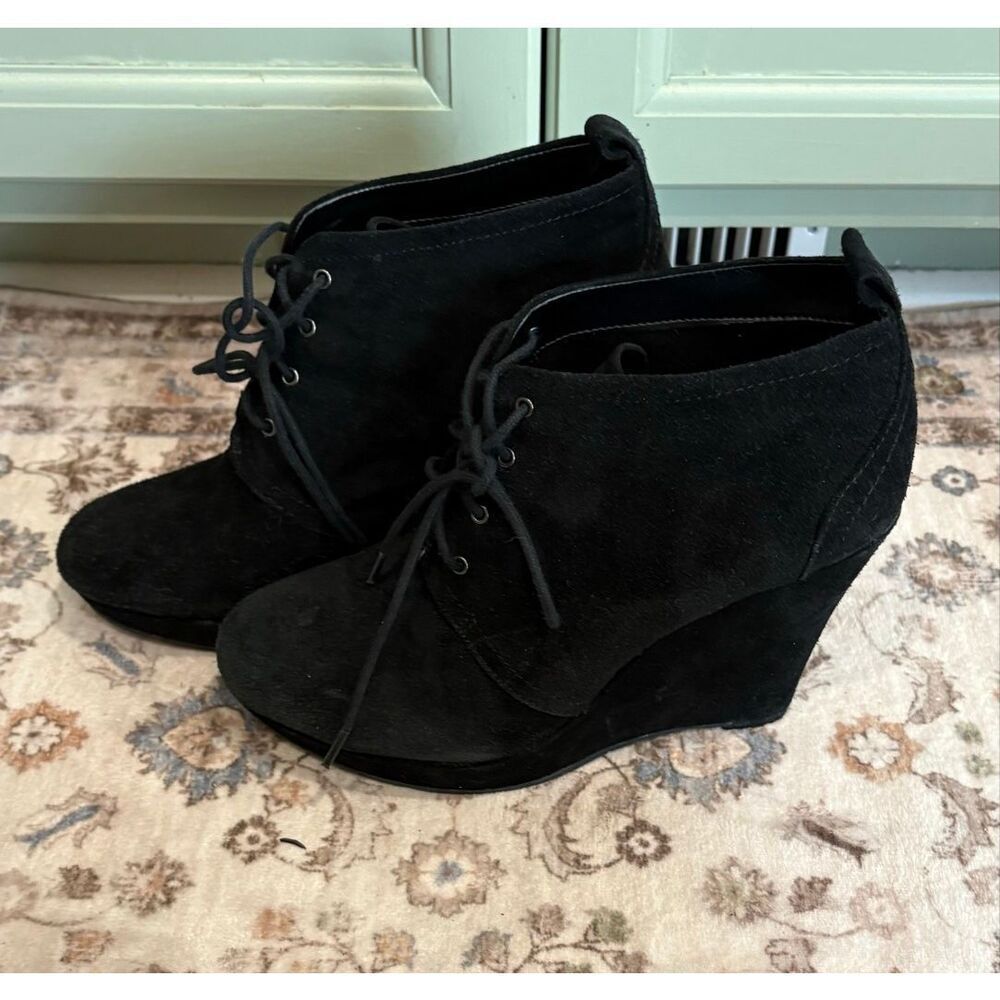 Jessica Simpson Womens Catcher Suede Ankle Wedge Booties Lace-Up Black Sz 8M/38